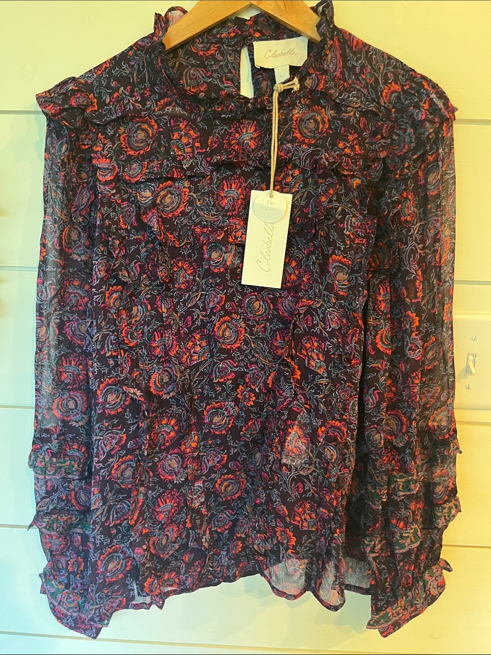 Cleobella Organic Sheer Paisley Ruffle Neck Blouse